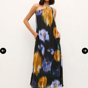 Marie Oliver Black and Gold One-Shoulder Dress